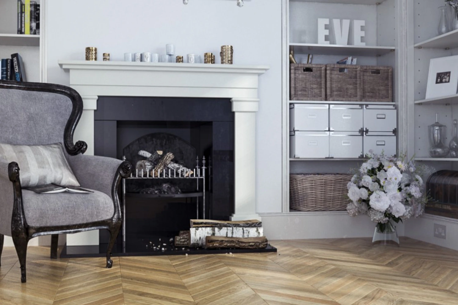 Salon ze strefą relaksu w stylu modern classic